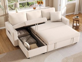 Narożnik w kształcie L 219.5x142.5x83cm - z przechowywaniem - z funkcją wypoczynku - wymienny lewy i prawy - beżowy