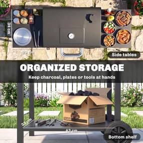 Outsunny Grill węglowy z pokrywą, BBQ Smoker z 2 bocznymi stolikami, dużą powierzchnią grillową, rusztem, termometrem i kółkami | Aosom PL