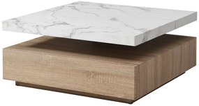 Stolik kawowy obrotowy z 1 szufladą z MDF - Efekt białego marmuru i Naturalny - KYRIA