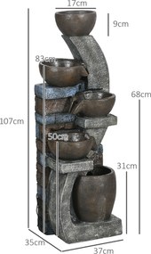 Outsunny Fontanna Ogrodowa, Styl Ceglanym, 5-stopniowa, Zasilana Słonecznie, Diodami LED, 107cm, Żywica Syntetyczna, Szary/Brąz