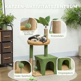 PawHut Drapak 98 cm wysoki drzewko dla kota z kryjówką, legowisko dla kota Wzór z liśćmi, słupki z juty, 2 piłeczki dla kotów do 5 kg | Aosom PL