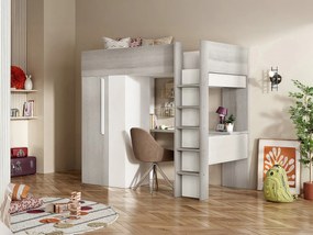 Łóżko antresola 90 x 200 cm z szafą i biurkiem - Naturalny poszarzony i biały + Materac - NICOLAS