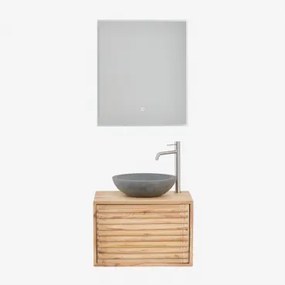Zestaw Wiszących Mebli Łazienkowych 60x45 Cm Z Drewna Deleyna Naturalna & Okrągły Szary Cement Ø40 Cm Tarsis - Sklum