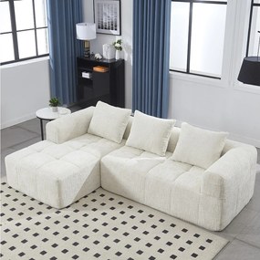 Beżowy narożnik - sofa z kieszeniami do przechowywania i 3 poduszkami - szenil - z szezlongiem i podłokietnikami