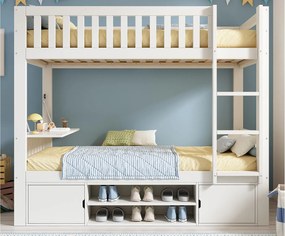 Łóżko piętrowe 90x200 cm - z biurkiem składanym - z wbudowaną półką na buty i drabiną - Biały (bez materaca)