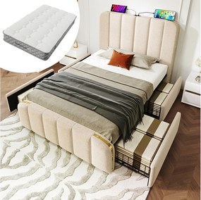 Łóżko tapicerowane z pojemnikiem - 90 x 200 cm - tapicerowany zagłówek z USB typu C - z 4 szufladami - len - beżowy - (z materacem)