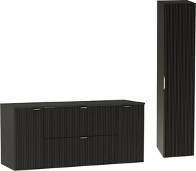 Czarny Zestaw do Łazienki 140cm Szafka Blat Słupek Ryflowane Fronty