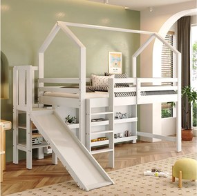 Łóżko piętrowe dla dzieci - 90 x 200 cm - ze zjeżdżalnią + schodki + półka do przechowywania - lite drewno + płyta MDF - białe