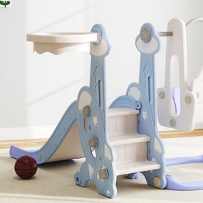 AIYAPLAY 4 w 1 Kryty plac zabaw, zestaw zjeżdżalni i huśtawki dla małych dzieci, kosz do koszykówki, design rakietowy, plastik, Jasnoniebieski