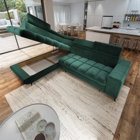 Masseno Narożnik MORIVA z funkcją spania i pojemnikiem na pościel Narozniki L, Rozkładana sofa - Zielony, MONOLITH 37