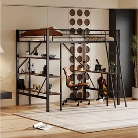 Łóżko antresolowe 90x200 cm z biurkiem i 3 półkami do przechowywania, czarne – bez materaca