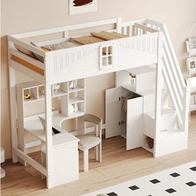 Łóżko piętrowe dla dzieci - 90 x 200 cm - ze schodami do przechowywania + okno + szafa - drewno + płyta MDF - białe