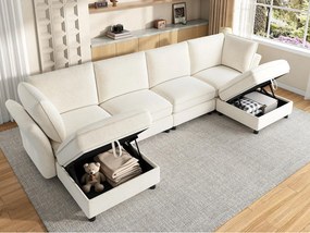 Modułowa sofa narożna U/L 6-7-osobowa z 2 pufami ze schowkiem, sofa „Efekt Chmury” z miękkiej i ergonomicznej szenili - beżowy