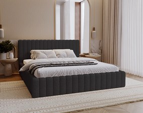 Emporius Billo łóżko tapicerowane 140x200 cm - łóżko dwusobowe, pojemnik i stelażem w zestawie - nowoczesne łóżko 140 x 200 - boucle, łóżko czarne (Anthology 19)