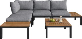 Zestaw mebli ogrodowych modułowych z drewna akacjowego: 1 sofa narożna + 2 stoliki boczne + 1 stolik kawowy - Szary + brązowy