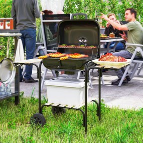 Outsunny Grill węglowy ze stali, przenośny, z zamykaną pokrywą, rusztem, kółkami i półkami, 98 x 54 x 91 cm, czarny | Aosom PL
