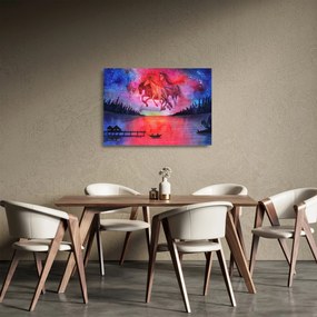 Obraz na szkle - Pojawienie się kosmicznych koni nad jeziorem, akwarela (70x50 cm)