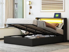 Łóżko z tapicerowanym zagłówkiem z ekoskóry 140x200cm z LED, odtwarzaczem Bluetooth i portami USB - z stelażem na listwy - Czarne