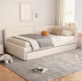 Łóżko wysuwane - 90 x 200 cm + 90 x 190 cm - z wezgłowiem - aksamit - beż