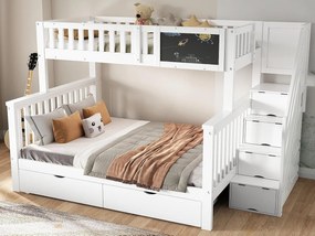 Łóżko piętrowe z litego drewna z szufladami i schodami do przechowywania - 90x200cm + 140x200cm - Białe i naturalne