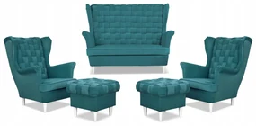 Zestaw wypoczynkowy Carol sofa fotele pufy paski Family Meble turkusowy
