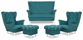 Zestaw wypoczynkowy Carol sofa fotele pufy paski Family Meble turkusowy