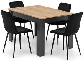 Zestaw jadalniany 1 + 4, stół MADO 120x80 cm czarny/dąb artisan + czarne aksamitowe krzesło LAVA z czarnymi nogami