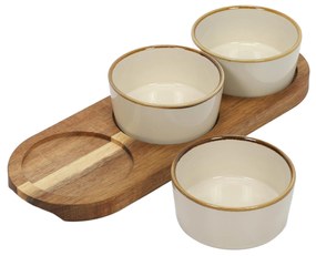 Zestaw porcelanowych miseczek do serwowania, akacjowa podstawka
