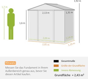 Outsunny 2,1 x 1,3 m Szopa Ogrodowa, Schowek na Narzędzia ze Stali, Zamykane Drzwi, 4 Otwory Wentylacyjne, Szary