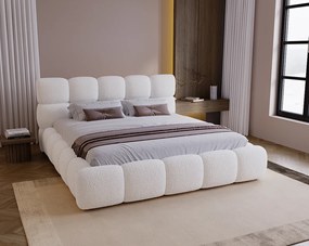 BESILIO Łóżko z grubej pianki 200x200 boucle Boston - łóżko z pojemnikiem i stelażem - Biały