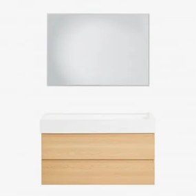 Zestaw Wiszących Mebli Łazienkowych Z Drewna I Forniru Jesionowego Zintegrowany Z Umywalką Ona Naturalna & Prostokątna - Sklum