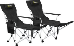 Outsunny Zestaw 2 składanych krzeseł campingowych z odłączaną podnóżkiem i uchwytem na napój, obciążenie do 120 kg, Czarne