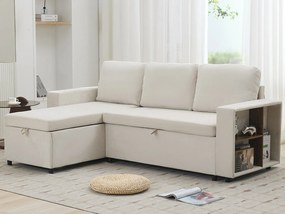 Sofa narożna w kształcie L, 3-osobowa - 202 x 136 x 85 cm - Półka boczna - Wygodne poduszki - Tkanina welurowa - Beżowy