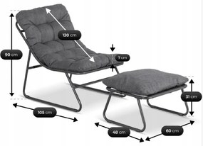 Fotel Ogrodowy KALISTA z Podnóżkiem Szary/Czarny Nowoczesny