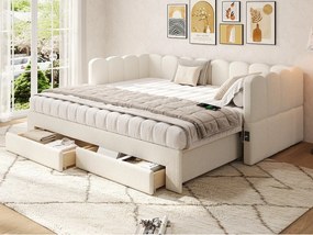 Tapicerowana sofa z łóżkiem 90x190cm - z Wysuwane łóżko - z 2 szufladami i portem USB - tkanina lniana - Beżowy​ (materac nie jest wliczony)