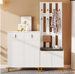 Zestaw szafek na buty z ławką na buty, wieszakiem na ubrania - 60,5x35,2x180,5 cm + 83x35x101 cm - Płyta wiórowa - Biały