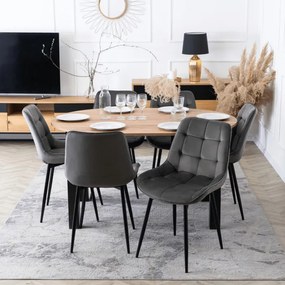 Zestaw Stół Okrągły Rozkładany HARRY 102-142 cm Dąb Craft/Czarny i 6 Krzeseł Tapicerowanych CHRIS Szarych Nowoczesnych