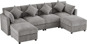 Kanapa narożna w kształcie litery U lub L - 4 osoby - z 2 pufami - regulowane podłokietniki - z 4 poduszkami + 2 zagłówkami - szary