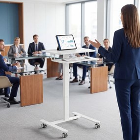 HOMCOM Stojące Biurko Regulowane, Mobilne Biurko Sit-Stand z Półką na Klawiaturę, Kółkami i Stalową Ramą, Biały | Aosom PL