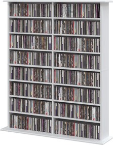 HOMCOM Regał multimedialny, 8 poziomów, regał na DVD z 12 regulowanymi półkami, 16 przegród, pojemność 720 CD, biały | Aosom PL