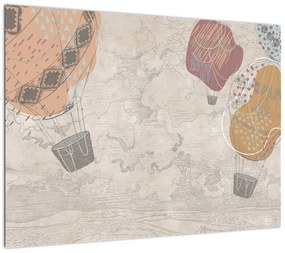 Obraz na szkle - Balony nad miastem, ciepłe odcienie (70x50 cm)