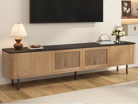Nowoczesne meble TV 190x35x45 cm - 4 drzwi żaluzjowe - zaokrąglone krawędzie - nogi żelazne - MDF - naturalny