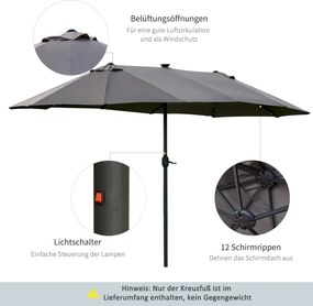 Outsunny Duży Podwójny Parasol z Oświetleniem LED Owalny Ciemnoszary ze Stalową Ramą 440x260cm | Aosom PL