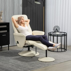 HOMCOM Fotel Masujący z Podnóżkiem, Ergonomiczny Fotel z 10 Punktami Wibracyjnymi, Skóra Ekologiczna, 76 x 81 x 105 cm, Kremowy