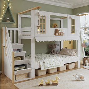 Łóżko piętrowe dla dzieci - 2 x 90 x 200 cm - ze schodkami do przechowywania + okna - sosna + MDF - białe + naturalne