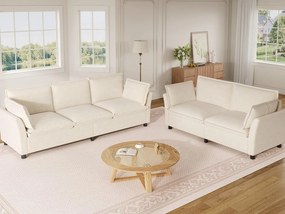 Modułowy zestaw sof 3+2 „efekt chmury” z tkaniny szenilowej, sofa 3-osobowa i sofa 2-osobowa ergonomiczna, styl nowoczesny - beżowy