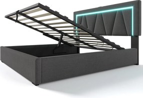 Łóżko dla dorosłych 160 x 200 cm ze schowkiem - USB + Typ C + LED - tkanina lniana - szare