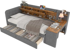 Sofa rozkładana 90×200 cm - z 2 szufladami - z biurkiem - z portami USB + Type C - schowek - szara (materac nie jest zawarty)