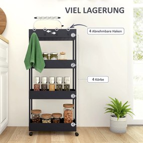 HOMCOM Wózek kuchenny z 4 półkami, 4 elastycznymi hakami, 4 kółkami, 40 cm x 19 cm x 90 cm, Wózek do niewielkich przestrzeni, Czarny