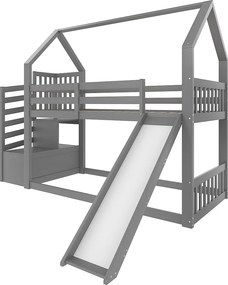 Łóżko piętrowe 90x200 cm, łóżko dziecięce ze schodkami i zjeżdżalnią, barierka bezpieczeństwa - szare (bez materaca)